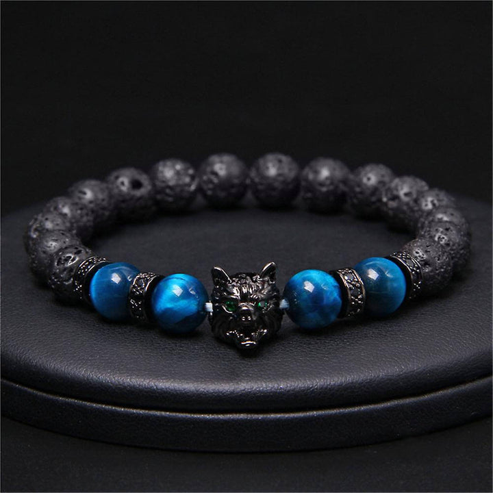 Elastiskt armband med wolf tigerögonpärlor, 8mm, zinklegering, mystisk design, herraccessoar för stil och styrka.