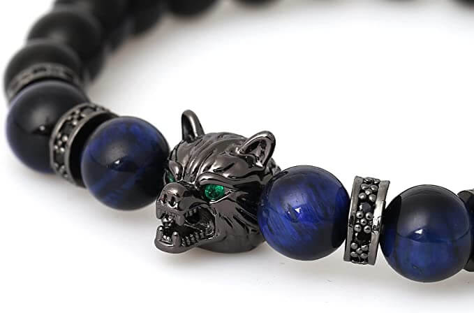 Elastiskt armband med wolf tigerögonpärlor, 8mm, zinklegering, mystisk design, herraccessoar för stil och styrka.