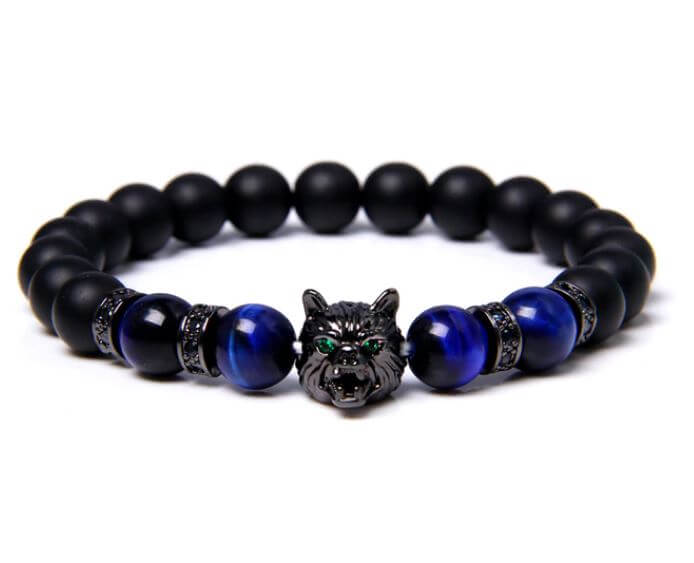 Elastiskt armband med wolf tigerögonpärlor, 8mm, zinklegering, mystisk design, herraccessoar för stil och styrka.