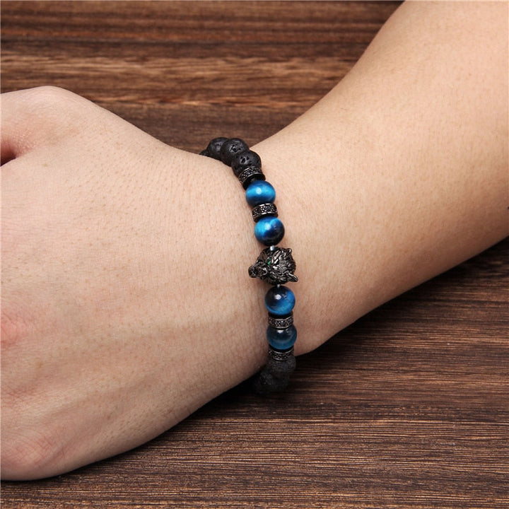 Elastiskt armband med wolf tigerögonpärlor, 8mm, zinklegering, mystisk design, herraccessoar för stil och styrka.