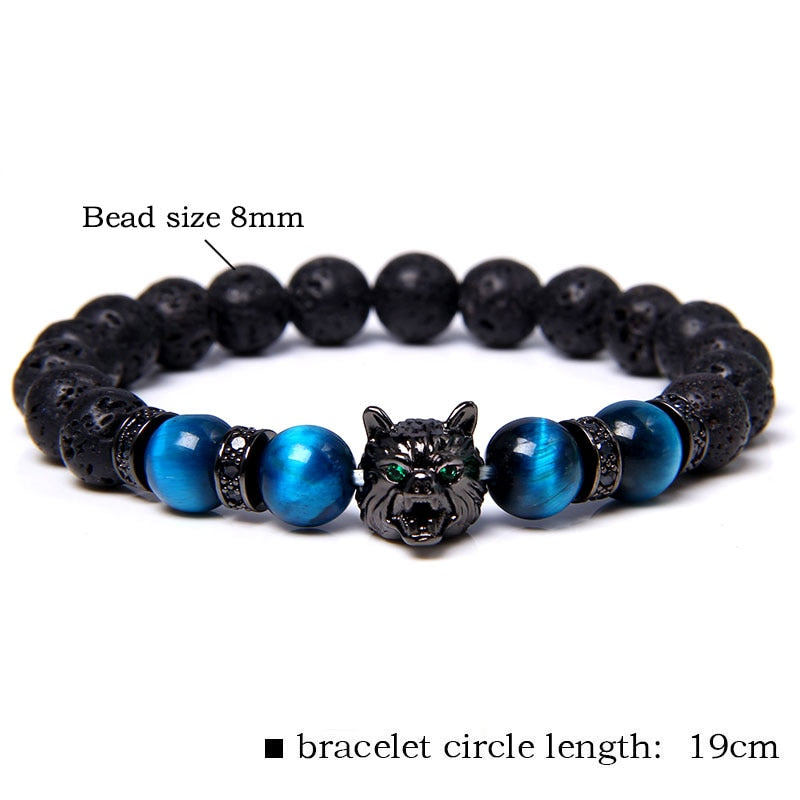 Elastiskt armband med wolf tigerögonpärlor, 8mm, zinklegering, mystisk design, herraccessoar för stil och styrka.