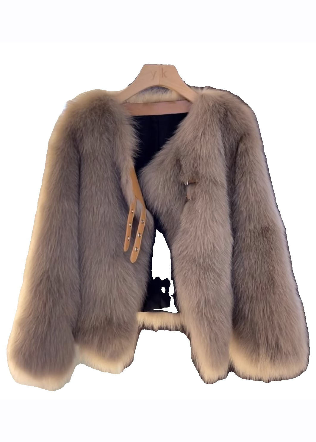 Elegant Dam V-hals Läderrock med Pälsdetaljer, brun, mjukt skinn, sofistikerad stil, perfekt för höstmode.