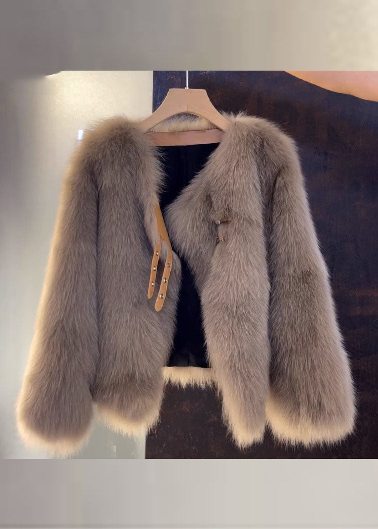 Elegant Dam V-hals Läderrock med Pälsdetaljer, brun, mjukt skinn, sofistikerad stil, perfekt för höstmode.