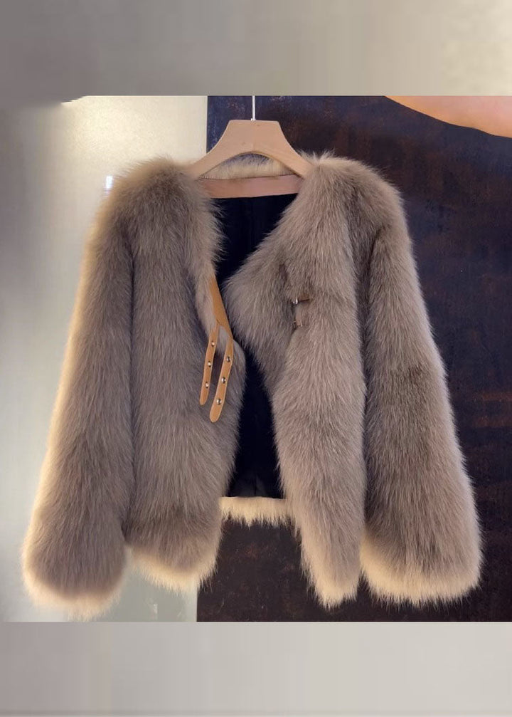 Elegant Dam V-hals Läderrock med Pälsdetaljer, brun, mjukt skinn, sofistikerad stil, perfekt för höstmode.