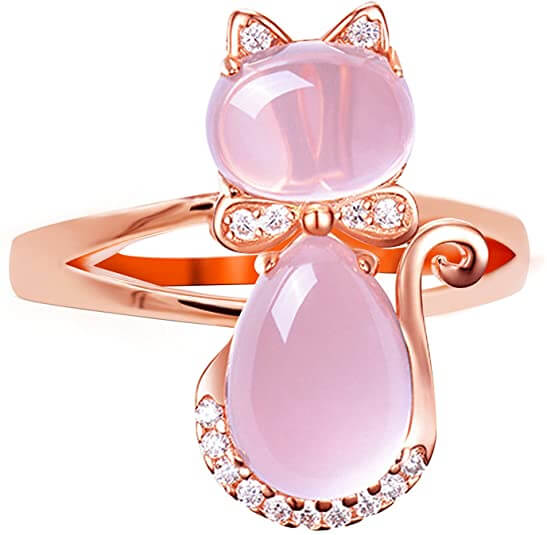 "Elegant S-form katt ring i 14K roséguld med rosa opaler och cubic zirconia, perfekt accessoar för kvinnor."
