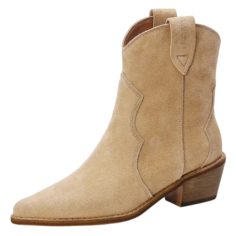 "Elegant dam cowboy stövlar i beige suède med 5 cm klack, unik design och handgjorda detaljer för stil och komfort."