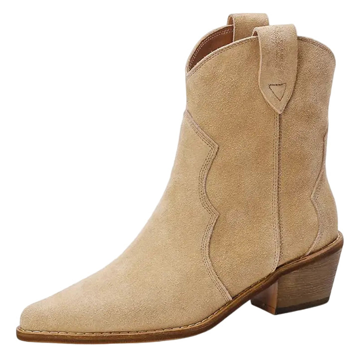 "Elegant dam cowboy stövlar i beige suède med 5 cm klack, unik design och handgjorda detaljer för stil och komfort."