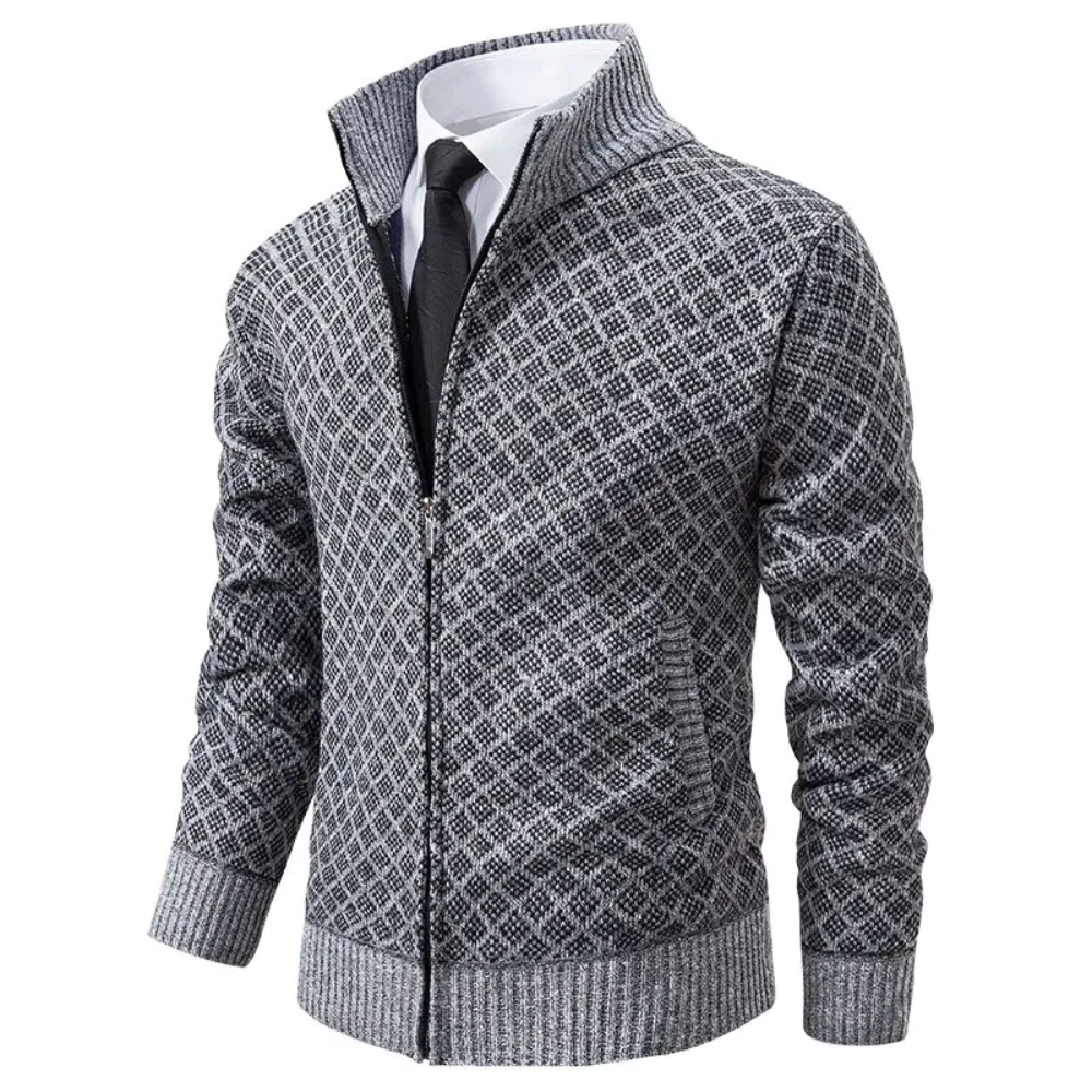 "Elegant dam jacquard kofta med sofistikerat mönster, mångsidig mjuk tröja, stilren design för vardag och fest."