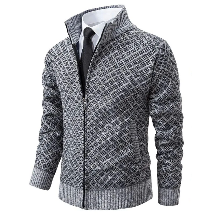 "Elegant dam jacquard kofta med sofistikerat mönster, mångsidig mjuk tröja, stilren design för vardag och fest."