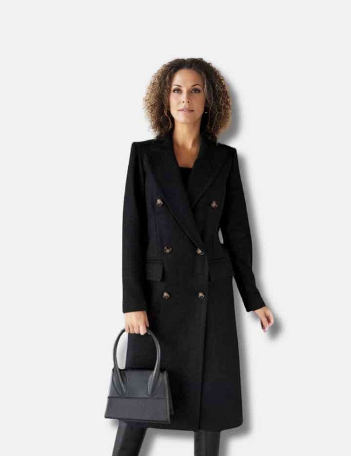 "Elegant dam lång dubbelknäppt kappa, stilren design, perfekt för moderna kvinnor, idealisk höst- och vinterjacka."