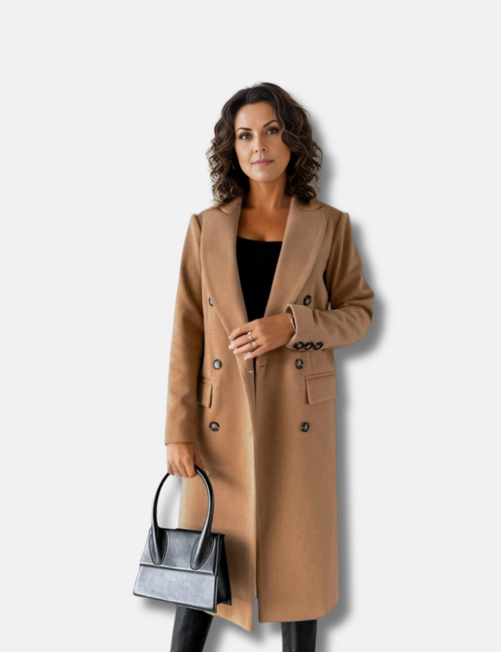 "Elegant dam lång dubbelknäppt kappa, stilren design, perfekt för moderna kvinnor, idealisk höst- och vinterjacka."