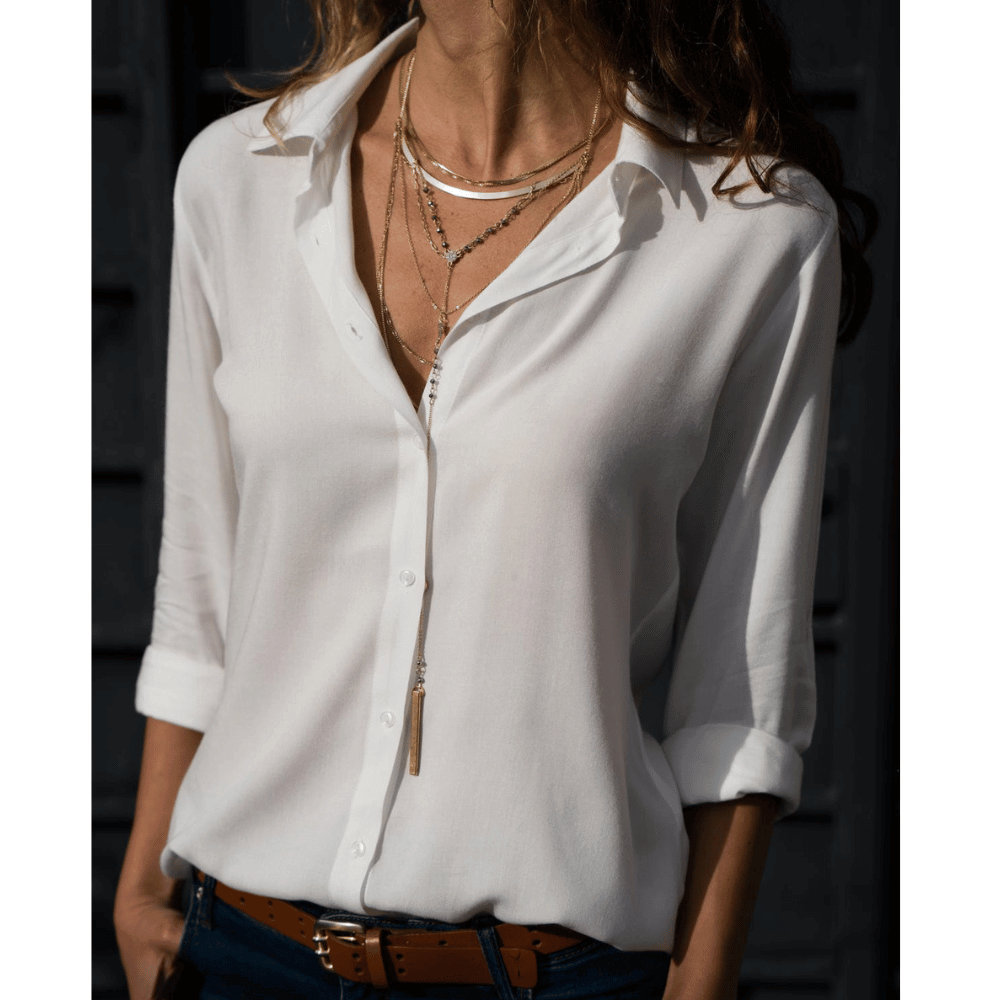 "Elegant dam långärmad blus i polyester, blå färg, med detaljerat snitt och lätt material, perfekt för alla tillfällen."