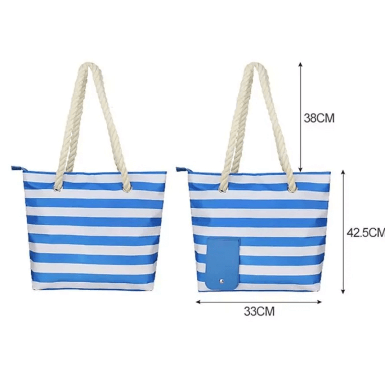 "Elegant dam strandväska i beige canvas med dold vinfunktion och sidofickor, perfekt för sommarutflykter."