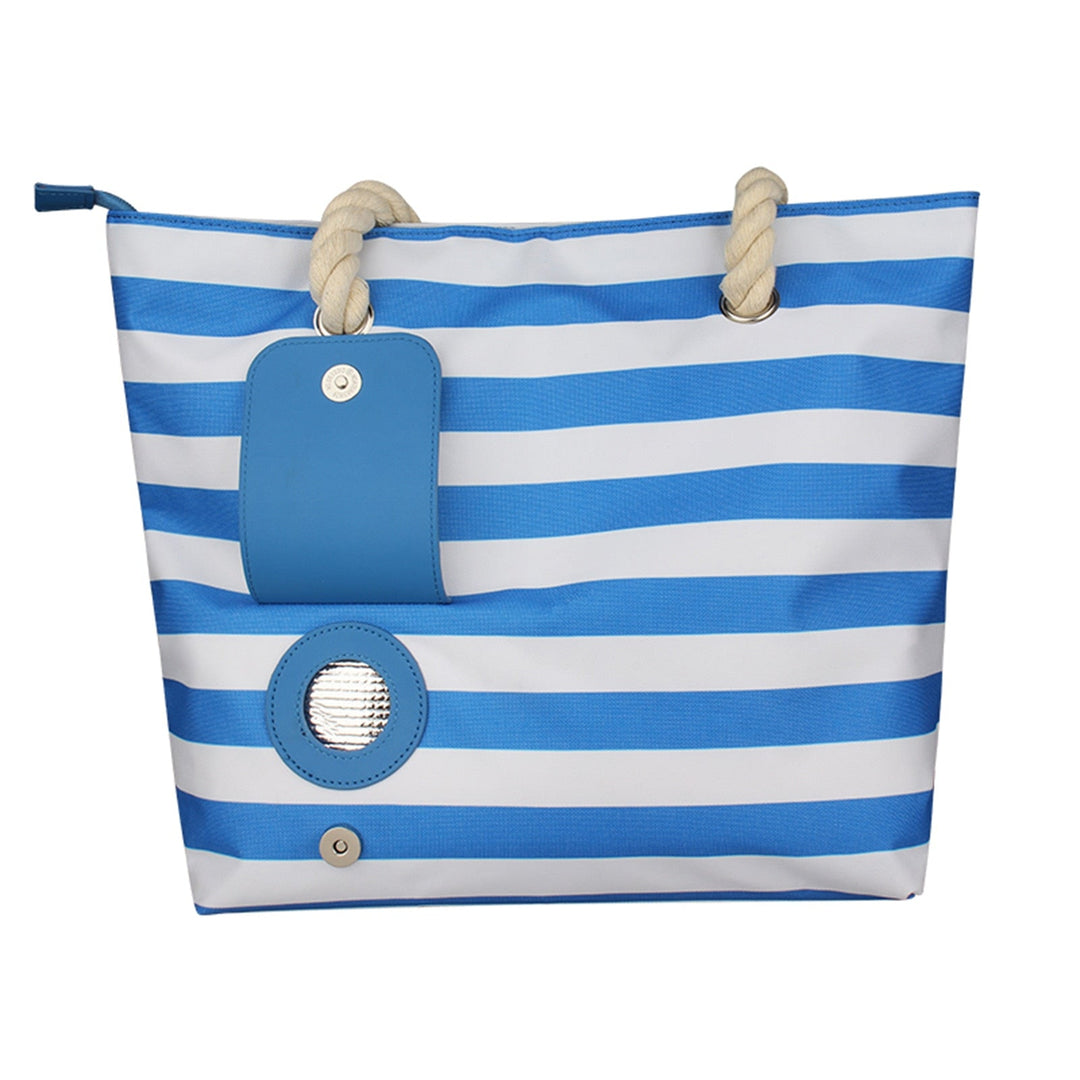 "Elegant dam strandväska i beige canvas med dold vinfunktion och sidofickor, perfekt för sommarutflykter."