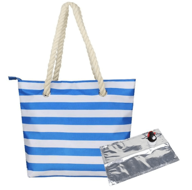 "Elegant dam strandväska i beige canvas med dold vinfunktion och sidofickor, perfekt för sommarutflykter."