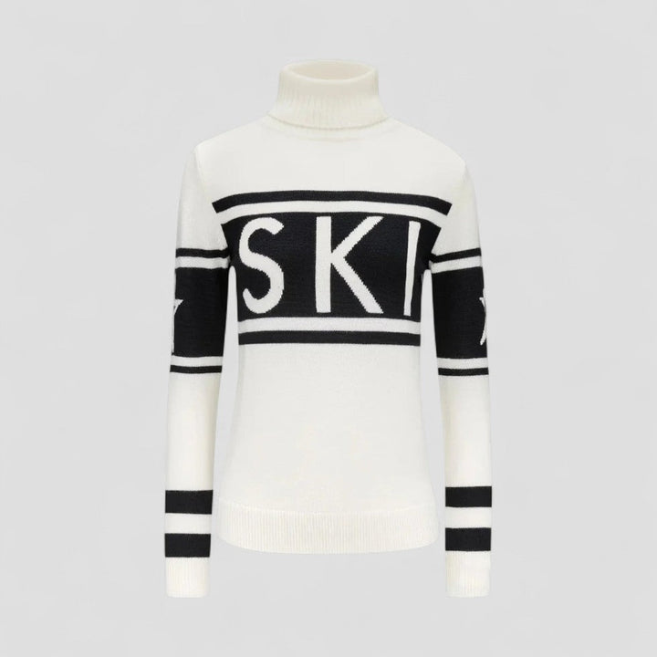 "Elegant dam turtleneck i merinoull med unik modern grafik, perfekt för vinterstil och avslappnad stadsvardag."