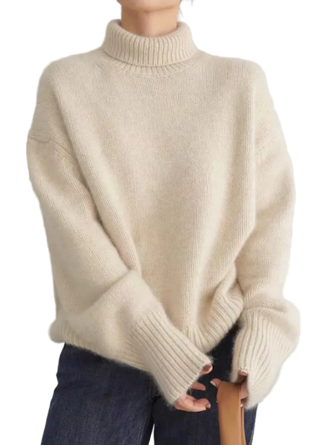 "Elegant dam turtleneck tröja med hög krage, mjukt material, perfekt för kalla höst- och vinterdagar."