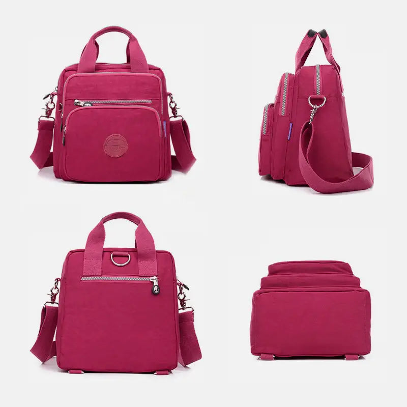 "Elegant dam vattenavvisande crossbodyväska i nylon med justerbar axelrem och flera fickor för stil och funktion."