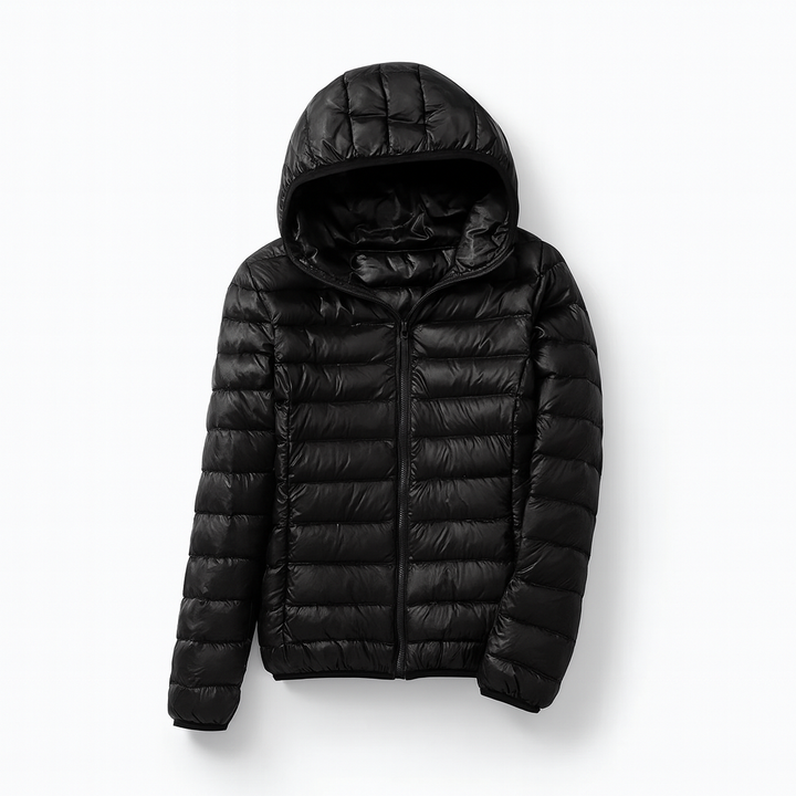 "Elegant dam vinterjacka med huva, modern design i trendiga färger, varm och bekväm för kalla dagar."