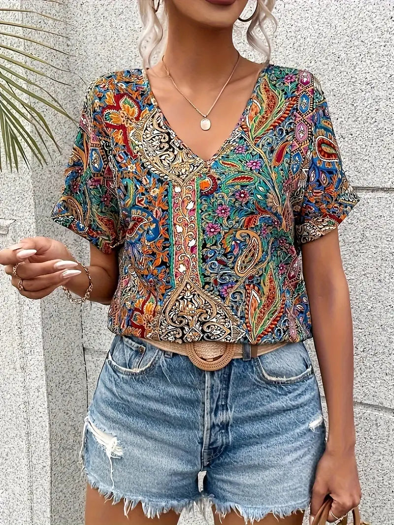 "Elegant damblus med V-ringning och färgglatt paisley-mönster, perfekt för både formella och avslappnade tillfällen."