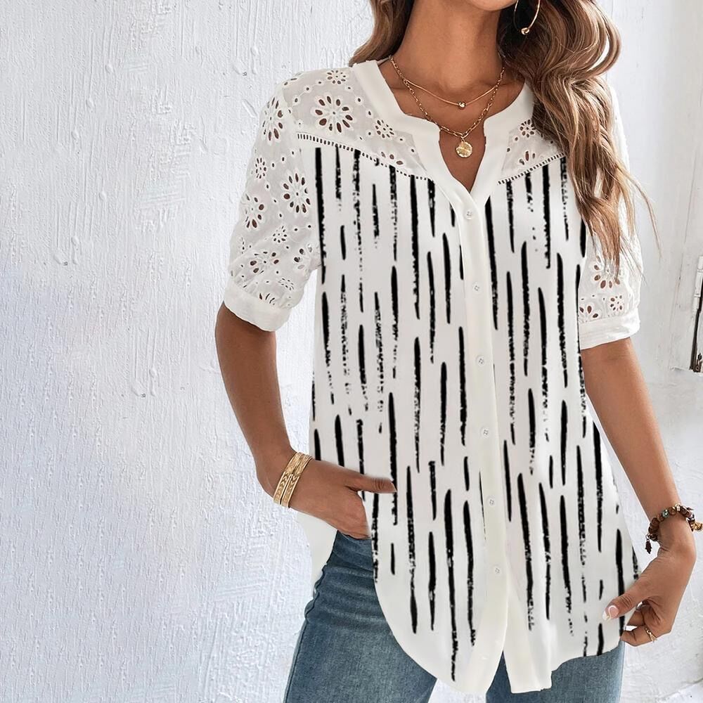 "Elegant damblus med färgglatt tryck i polyester, perfekt för olika tillfällen. Visa i beige, grön, blå och himmelsblå."