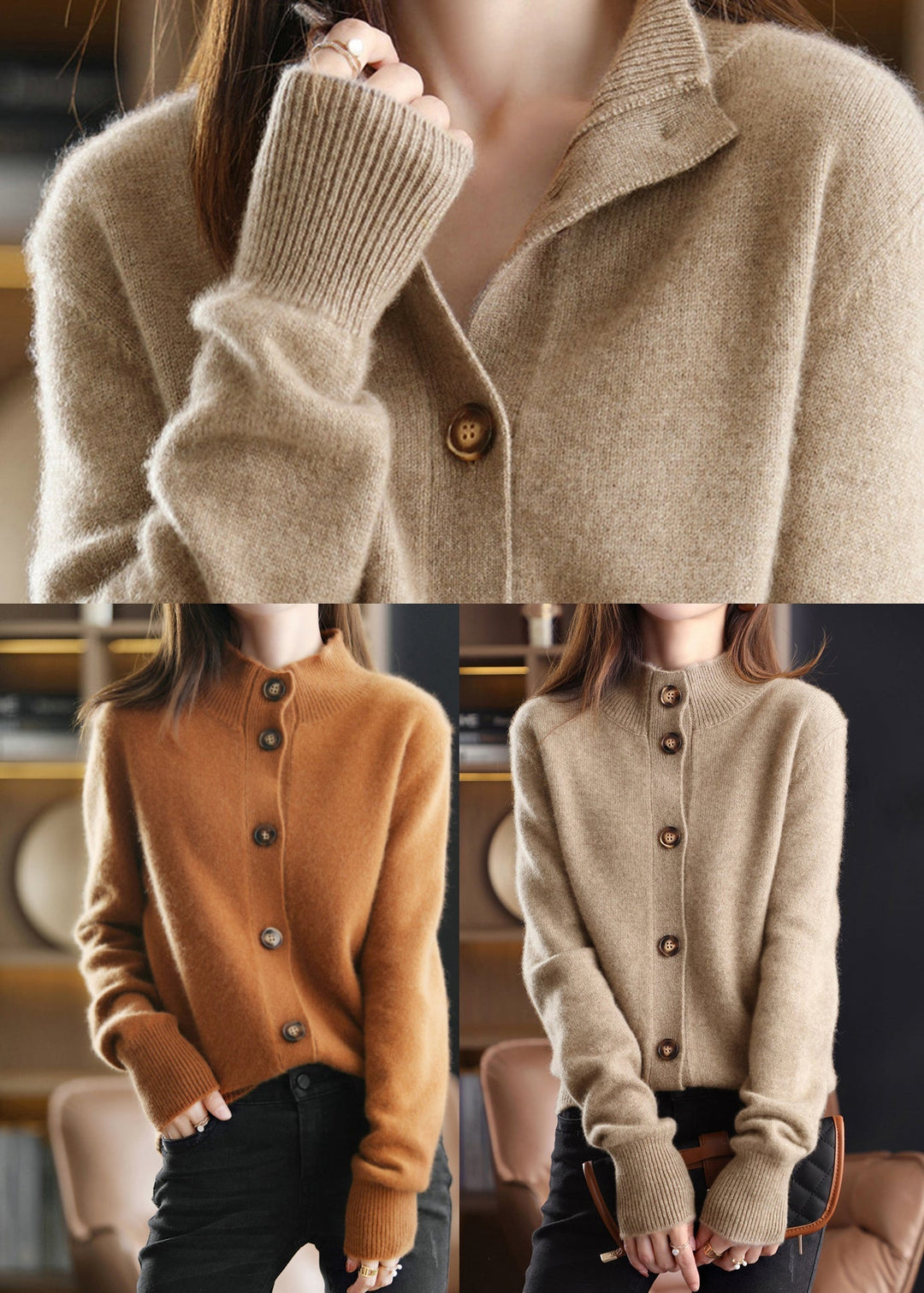 "Elegant damcardigan i ull med ståkrage och långa ärmar, loose fit och handgjord design för både komfort och stil."