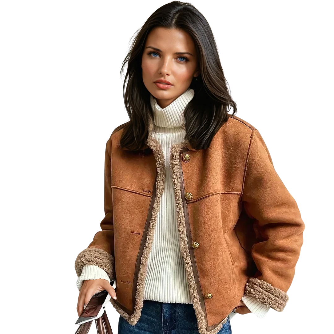 "Elegant damens shearling jacka med knäppning, varm och stilfull för vinterdagar, med sidofickor och detaljrik design."