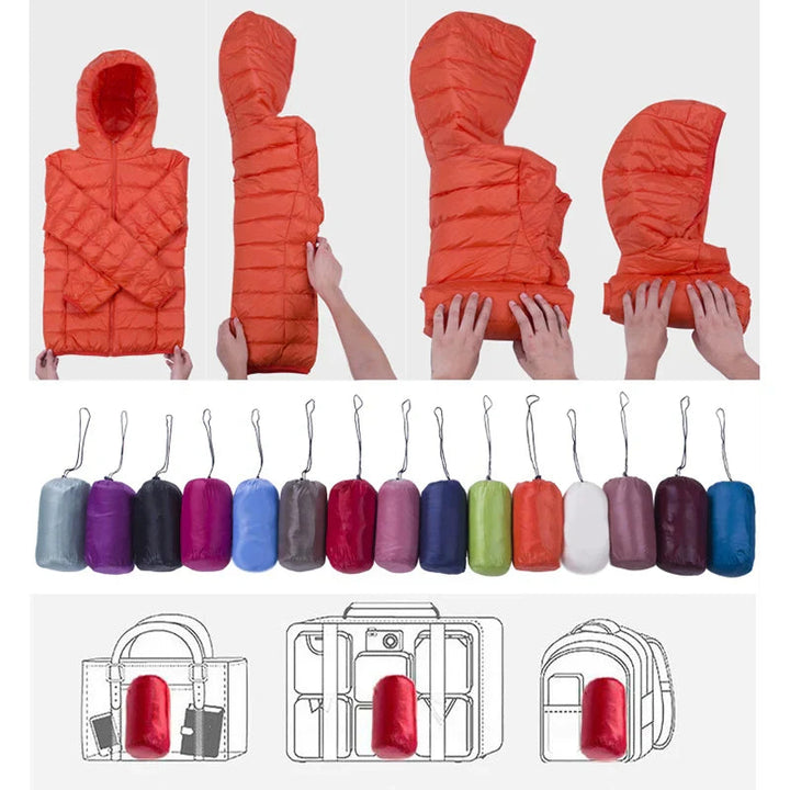 "Elegant damfodrad vinterjacka med huva, modern vit design, perfekt för kalla dagar och äventyr utomhus."