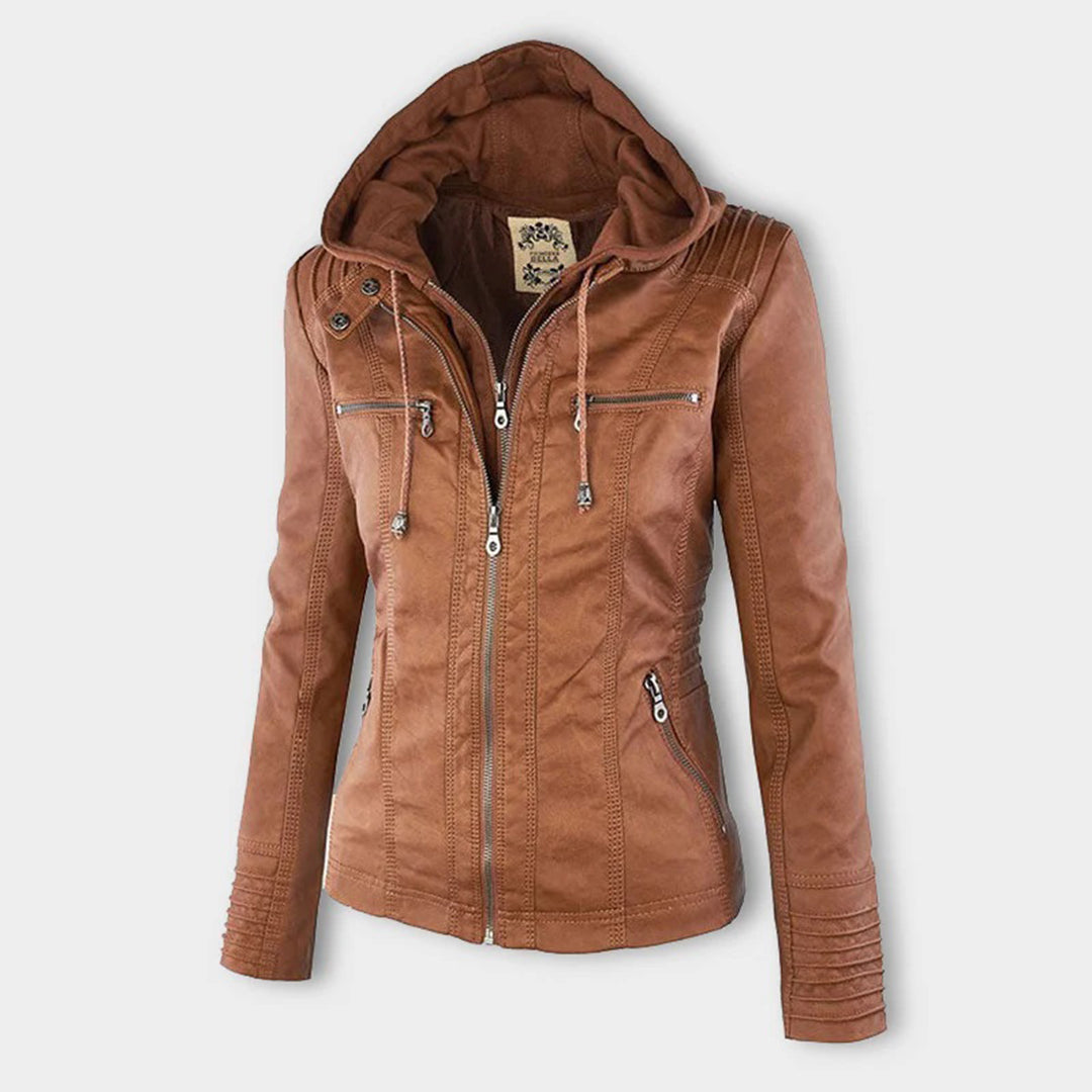 "Elegant damjacka i lätt PU-läderstil, avtagbar huva, modern dragkedja, khaki, svart, mörkbrun, mix av mode och funktion."