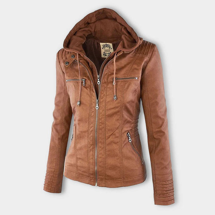"Elegant damjacka i lätt PU-läderstil, avtagbar huva, modern dragkedja, khaki, svart, mörkbrun, mix av mode och funktion."