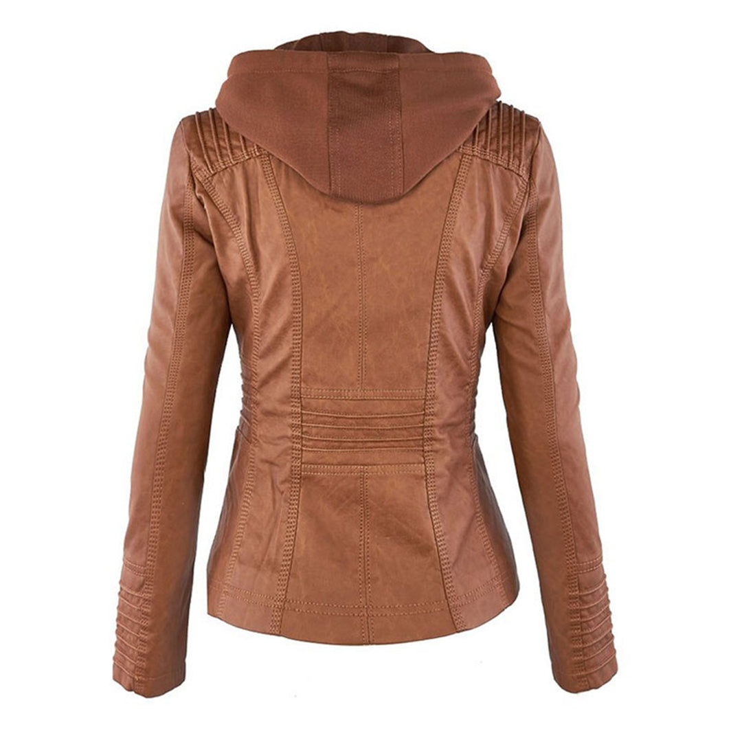 "Elegant damjacka i lätt PU-läderstil, avtagbar huva, modern dragkedja, khaki, svart, mörkbrun, mix av mode och funktion."