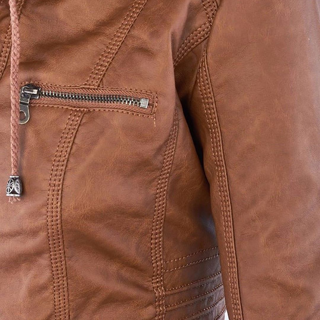 "Elegant damjacka i lätt PU-läderstil, avtagbar huva, modern dragkedja, khaki, svart, mörkbrun, mix av mode och funktion."