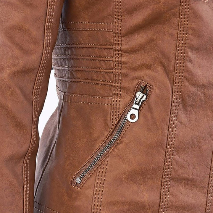 "Elegant damjacka i lätt PU-läderstil, avtagbar huva, modern dragkedja, khaki, svart, mörkbrun, mix av mode och funktion."