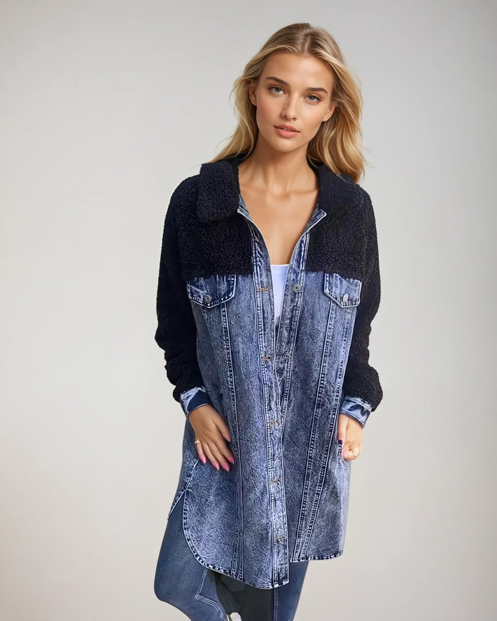 "Elegant damkappa i denim med ulldetaljer, stilfull passform och värme för kalla dagar, sedd bakifrån."