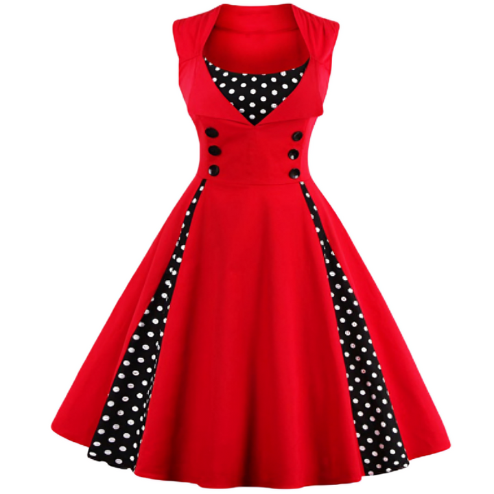 Elegant damklänning med röda polkadots, vintage stil. Smickrande passform, perfekt för både formella och semi-informella till