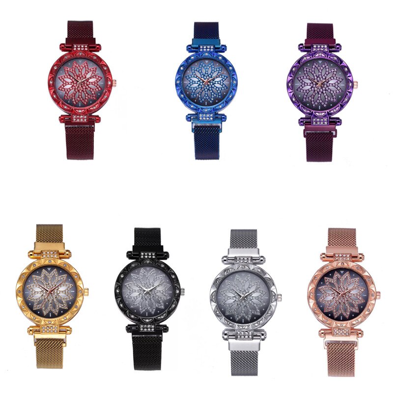 "Elegant damklocka med magnetiskt band i flera färger, rostfritt stål och härdat glas, stilren design."