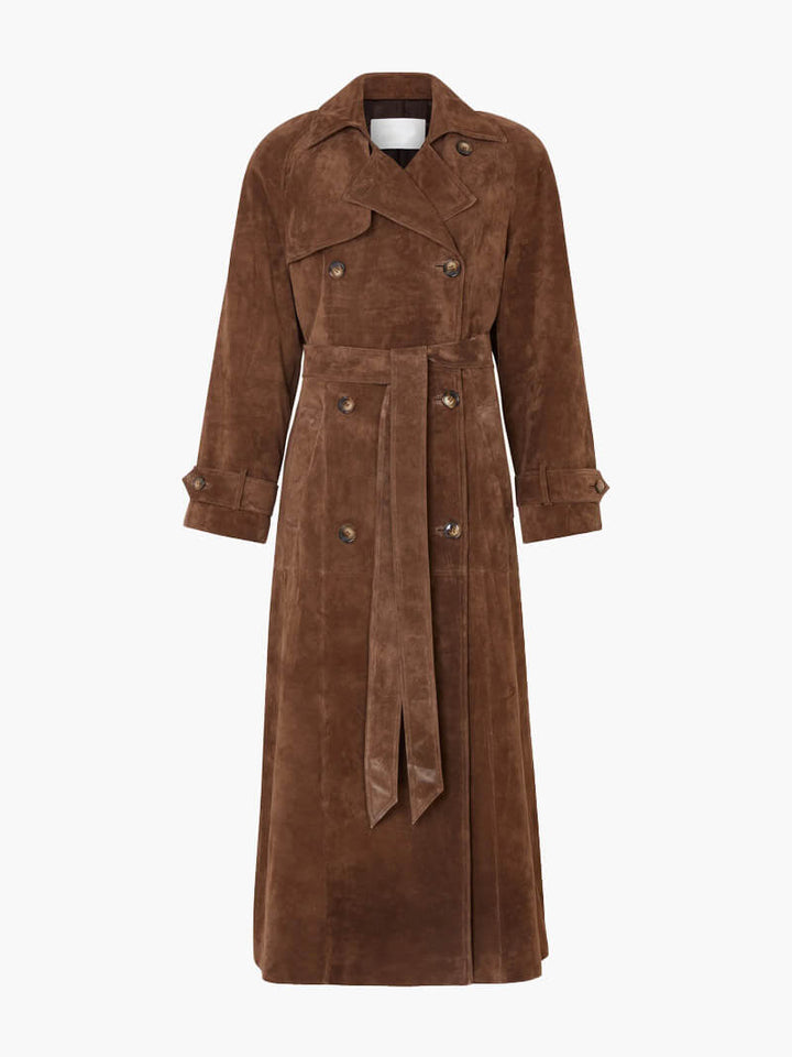 "Elegant damtrenchcoat i suède-look med dubbelknäppning, bälte och midi-längd för en tidlös och sofistikerad stil."
