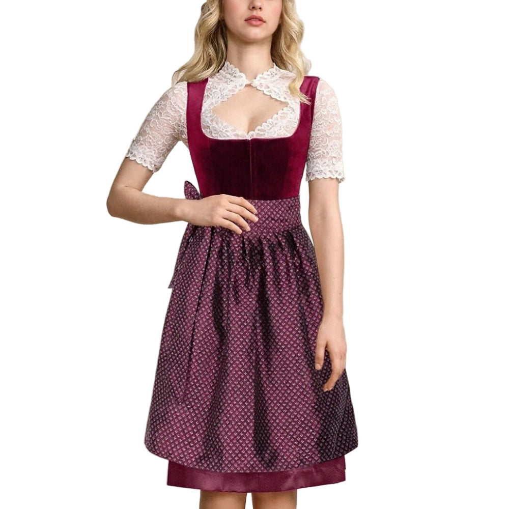 Elegant dirndl klänning med burgundy blommönster och klassiskt svart förkläde, perfekt för Oktoberfest.