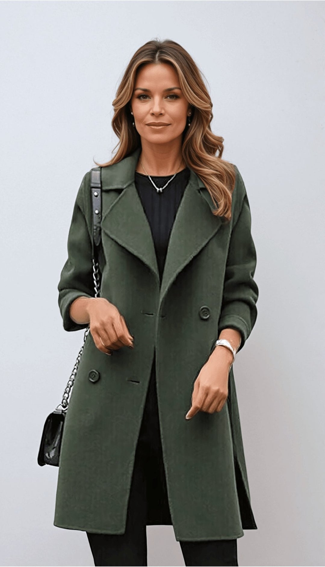 "Elegant dubbelbröstad ullkappa för kvinnor. Klassisk design i ullblandning, idealisk för formella och avslappnade tillfällen