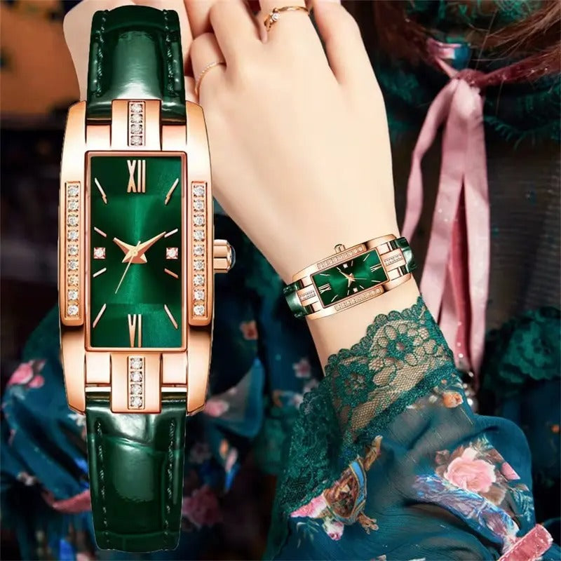 "Elegant fyrkantig kvinnoklocka i grön och röd, lyxig design med PU-läderarmband, perfekt accessoar för kvinnlig stil."