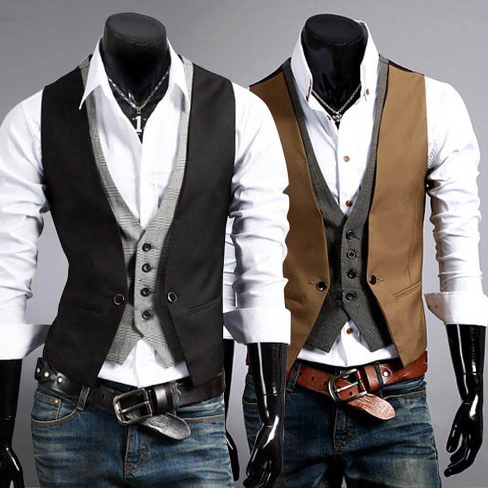 "Elegant herr slim fit väst med V-hals, framhäver fysik, perfekt för formella tillfällen och vardag, polyesterblandning."