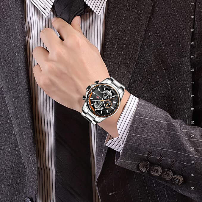 "Elegant herrklocka med japanskt kvartsur och chronograf, rostfritt stål, sömlös för affärer och vardag."