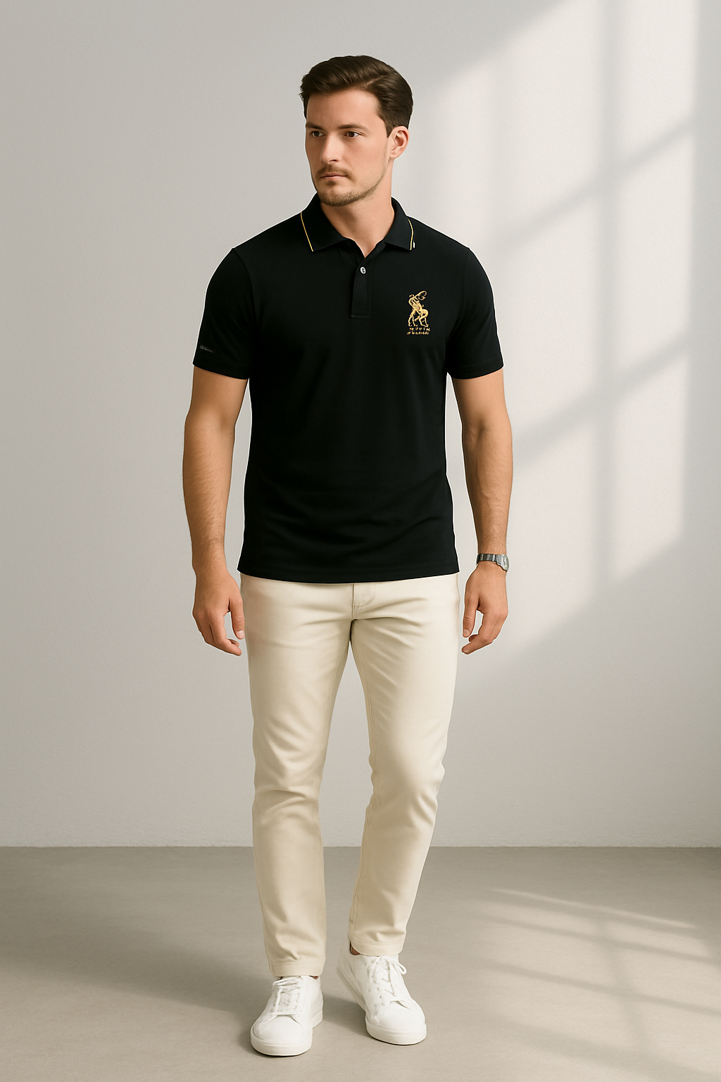 "Elegant herrpolo med broderad detalj och mjuk väv, avslappnad passform, perfekt för både vardag och formella tillfällen."