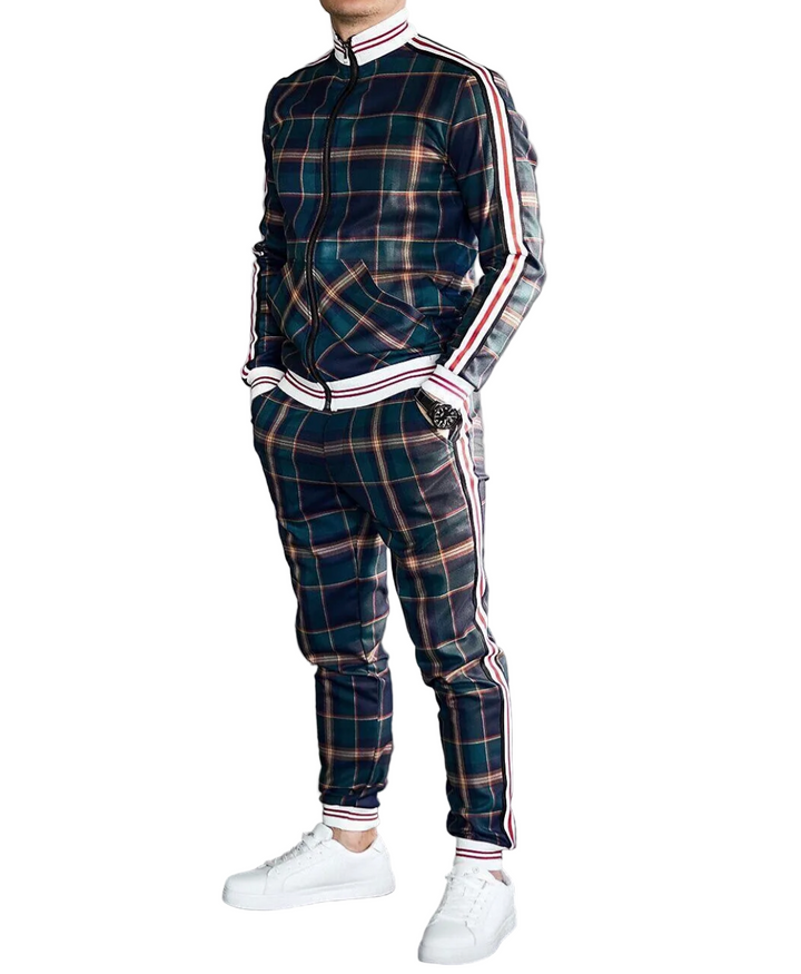 "Elegant herrset i modern stil med långärmad topp och byxa, ståkrage, stilren design för samtida look"