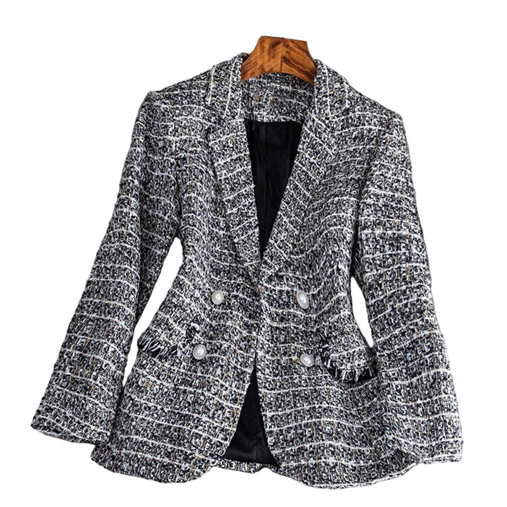 "Elegant kvinnor tweed höstkavaj, skräddarsydd passform, modern twist, enkelknäppt stil, helfodrad komfort."