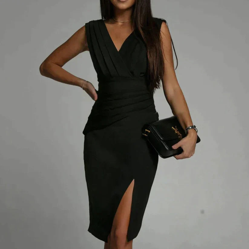"Elegant kvinnors bodycon midi klänning med V-ringning, i kroppsnära passform och stilrent snitt för fest och vardag."