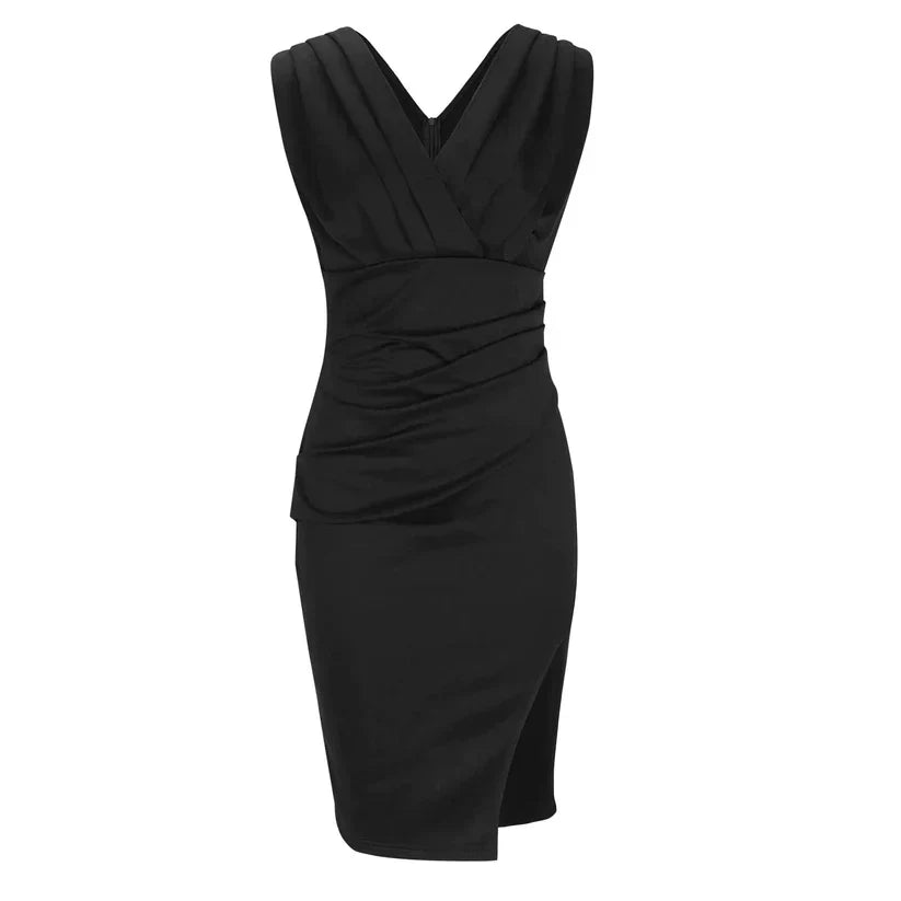 "Elegant kvinnors bodycon midi klänning med V-ringning, i kroppsnära passform och stilrent snitt för fest och vardag."