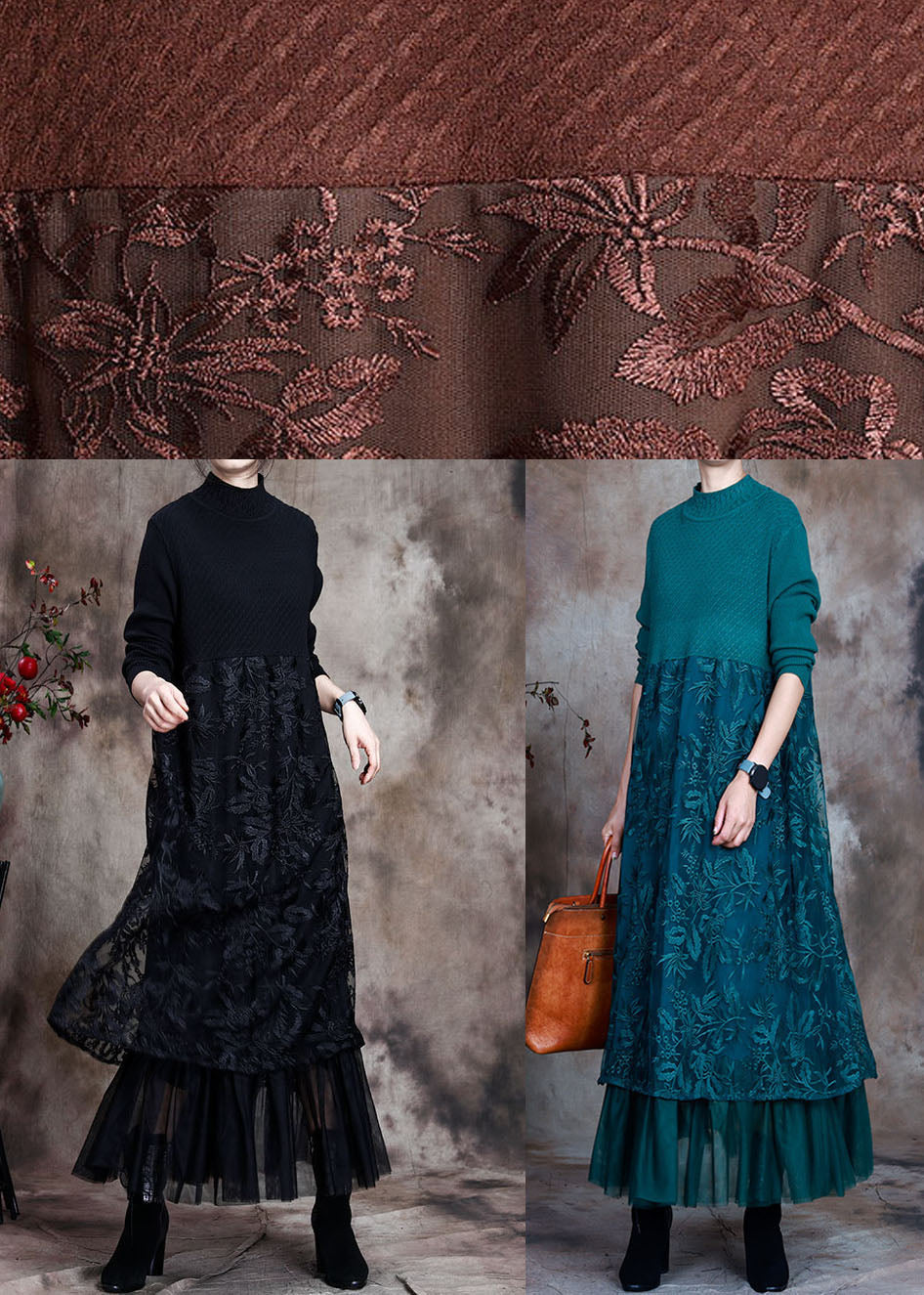 "Elegant lång klänning för kvinnor med broderad o-neck och tidlös design, perfekt för både vardag och speciella tillfällen."
