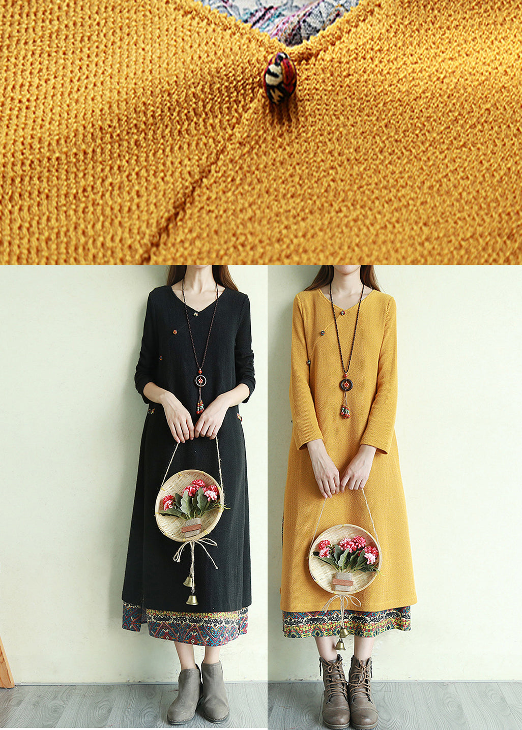 "Elegant långärmad V-hals klänning med patchwork i unik design, för både vardag och fest."