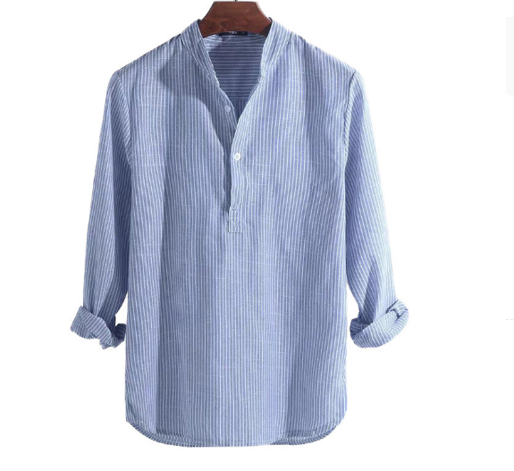 "Elegant randig herrskjorta i blått, bomull-polyester, upphöjd krage, perfekt för formella och avslappnade tillfällen."